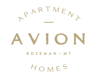 Apartment Avion logo in tan, with "Apartment" above, "Avion" in the middle, and "Bozeman - MT" and "Homes" below.
