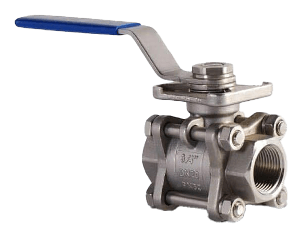 Válvula de bola de acero inoxidable con manija azul, abierta.