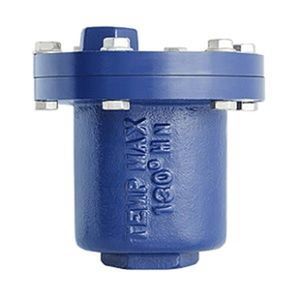 Ventilación industrial azul con brida atornillada. El texto indica 