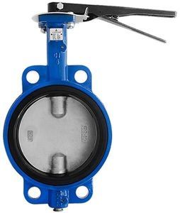 Válvula de mariposa azul con manija, vista de frente. La válvula está abierta y muestra un disco metálico.