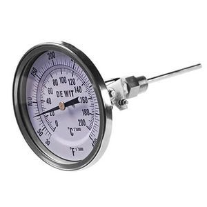 Termómetro de cuadrante que muestra una lectura de temperatura; acero inoxidable con cuadrante blanco y marcas negras.