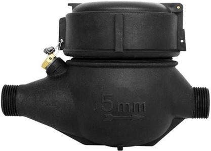 Contador de aguas negras con marca de 15 mm, dos extremos roscados y tapa bloqueada.