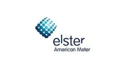 Logotipo de Elster American Meter: gráfico y texto con cuadrados punteados de color azul.