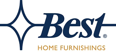 The logo for best home furnishings is blue and gold.
