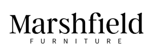 The logo for marshfield furniture is black and white.