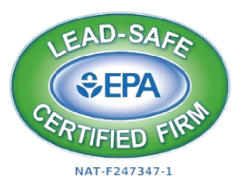 Lead-Safe Certified Firm seal, green and blue oval, EPA logo, text