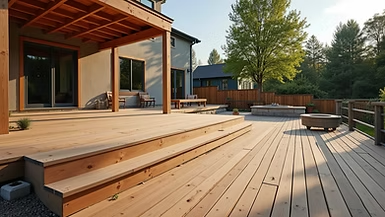 A deck with stairs, black railing, and a gate surrounds a pool. Light-brown siding. Sunny outdoor setting.