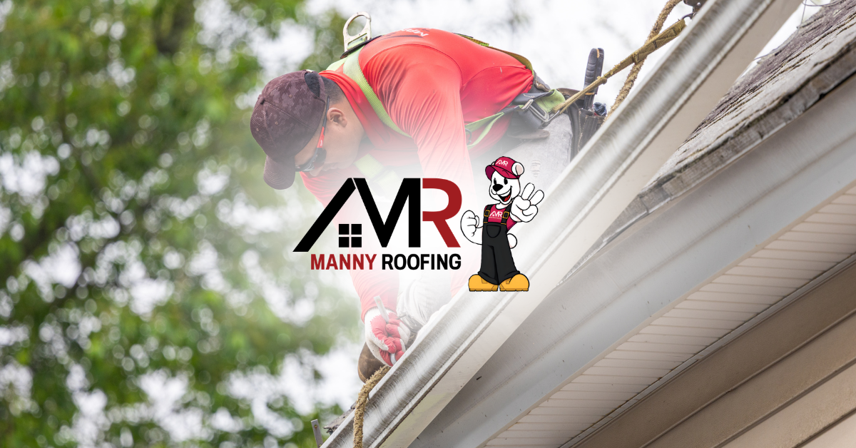Roofing worker in red shirt kneels on a steep roof beside the MVR Manny Roofing logo.