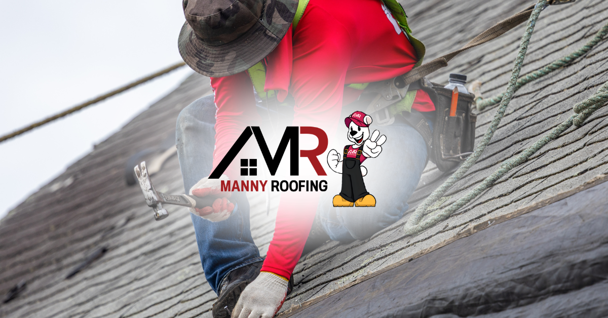 Roofing worker on a gray shingle roof with MVR Handy Roofing logo overlay