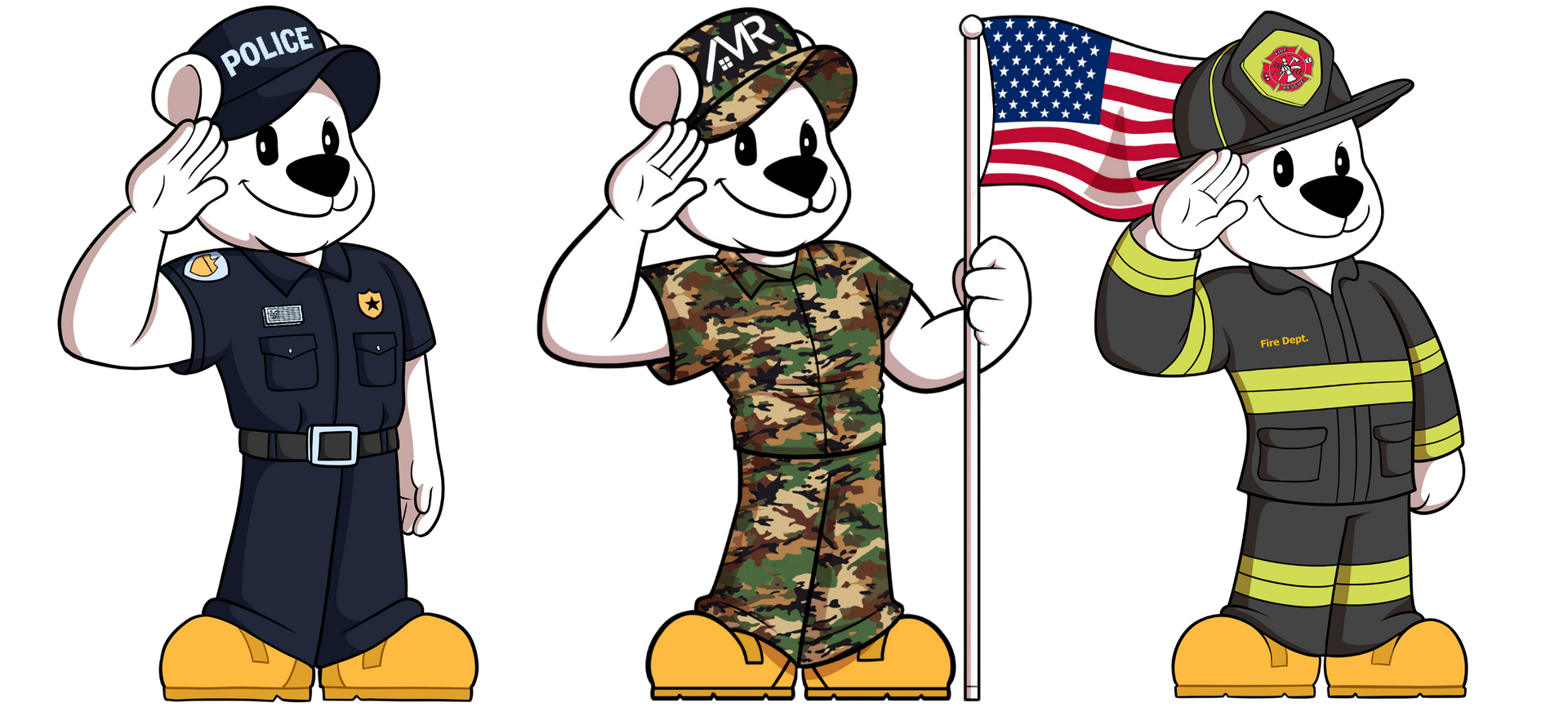 A cartoon of a police officer , a soldier , and a firefighter saluting.