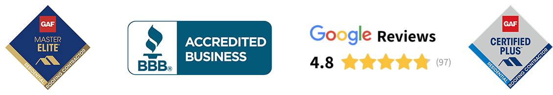 GAF Master Elite, BBB Accredited Business, and GAF Certified Plus Logos