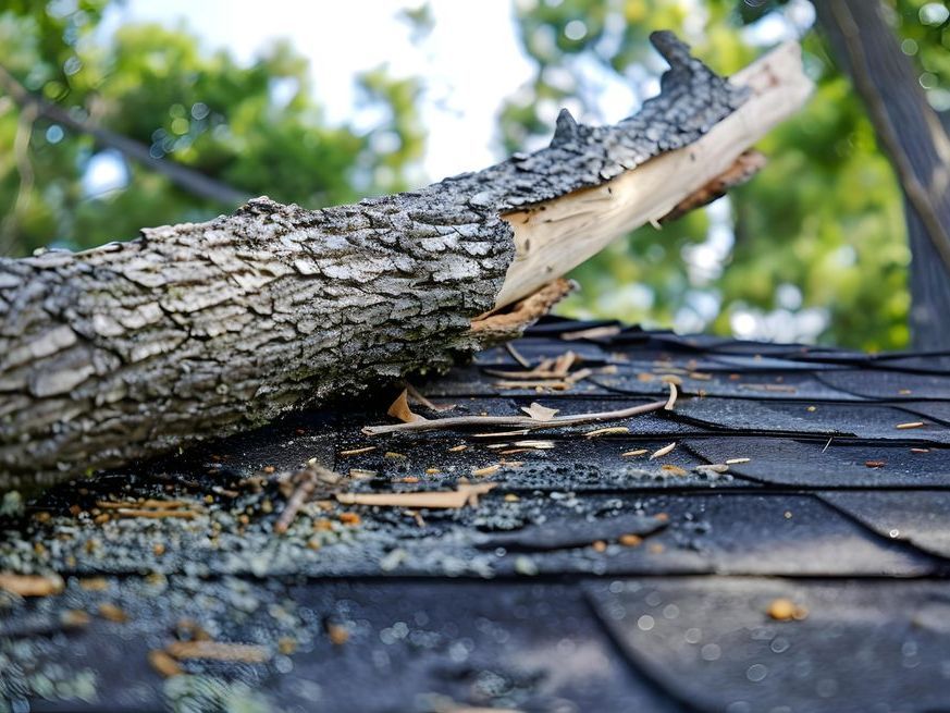 A photo of a large tree limb on a damaged roof. 