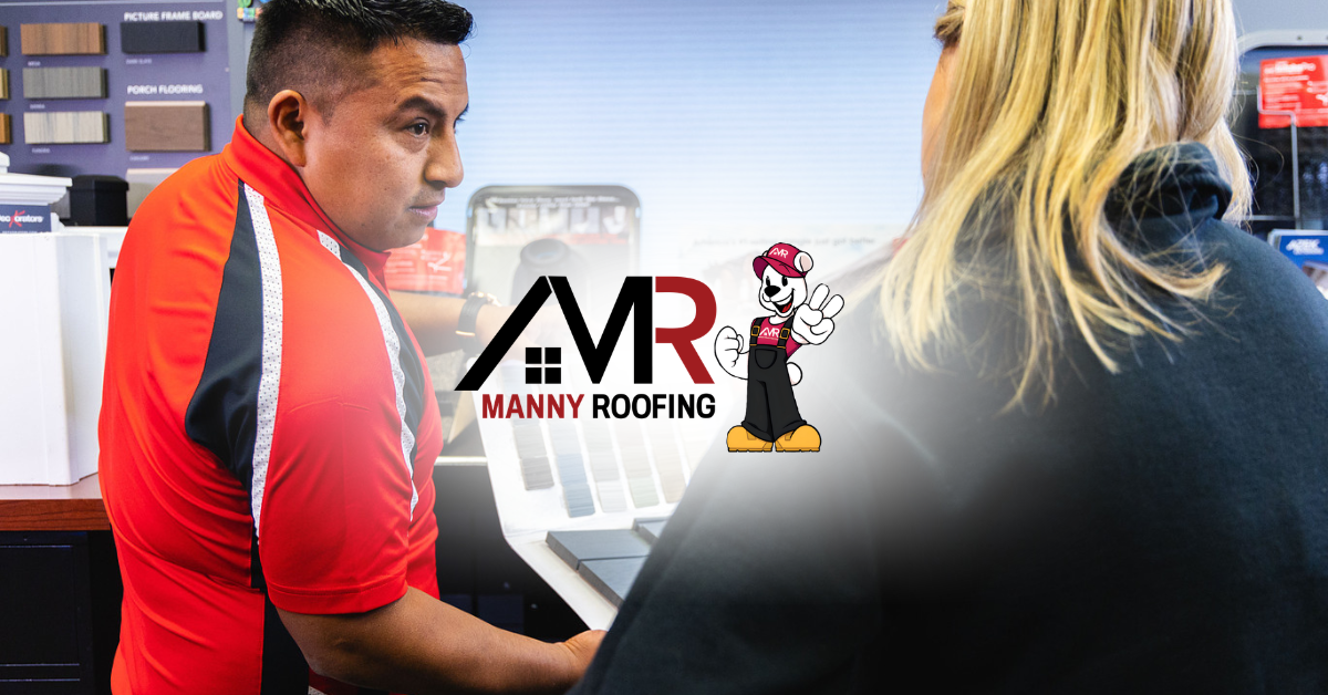 Two people discussing roofing services beside an MVR Manny Roofing logo in an indoor setting