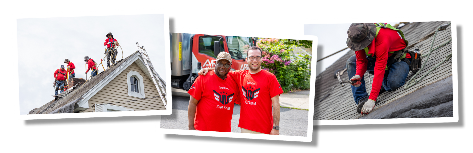 A 3 photo collage. Left: 4 guys in red shirts are working on a roof. Center: Two men wearing red shirts are posing for the camera. Right: A worker in a read shirt is hammering on a roof.