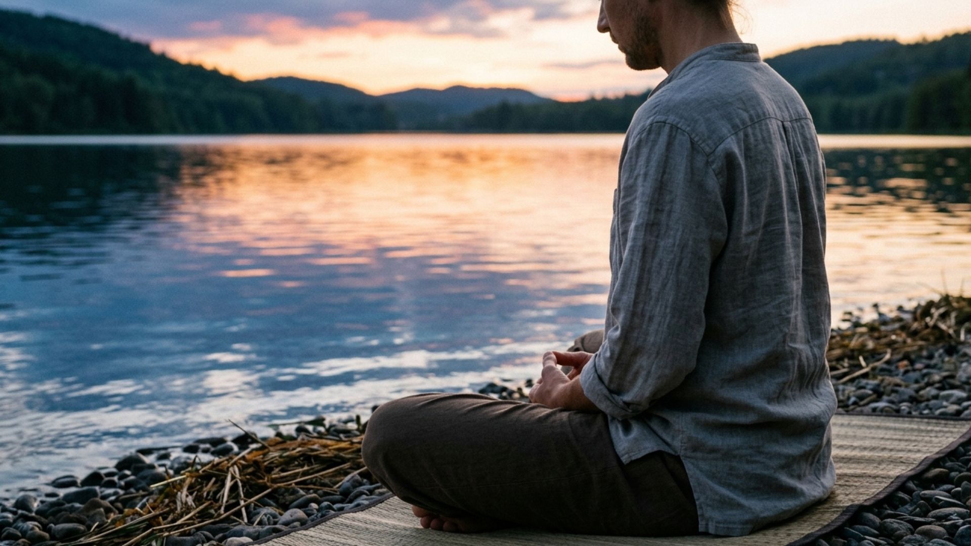 Person sitting cross-legged on a dock by a calm lake at sunset, facing the water and mountains.