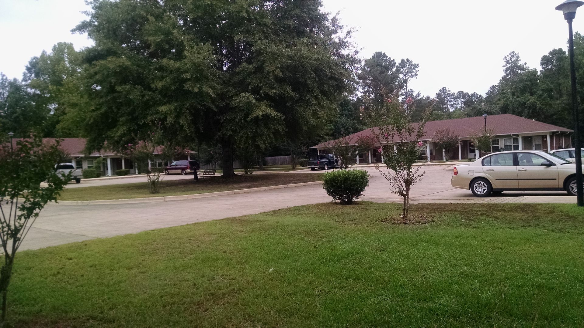 A white car is parked in front of a house.