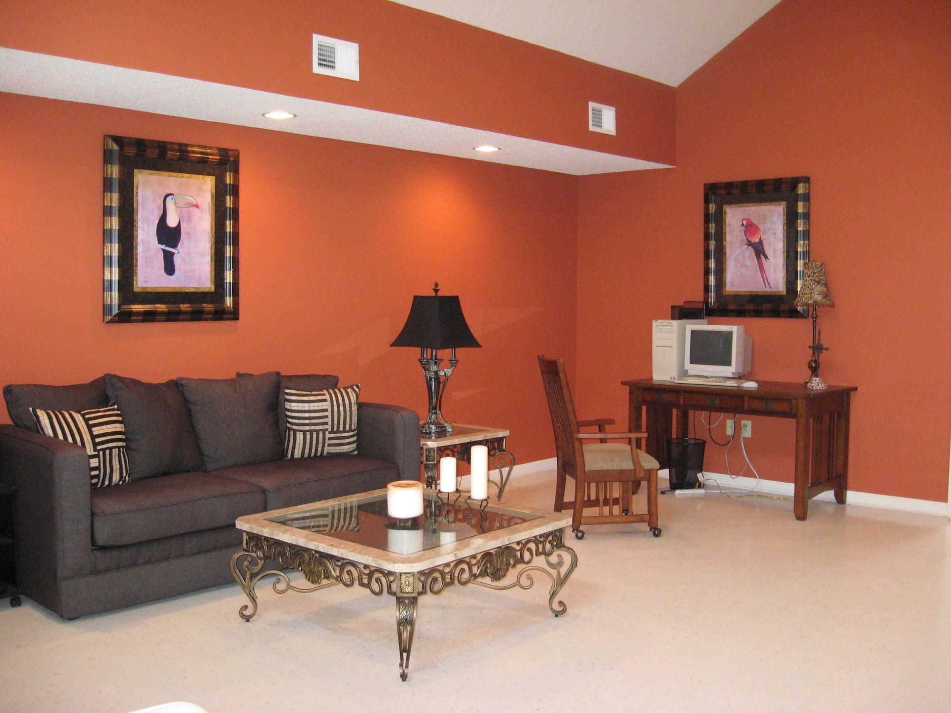 A living room with a couch and a coffee table