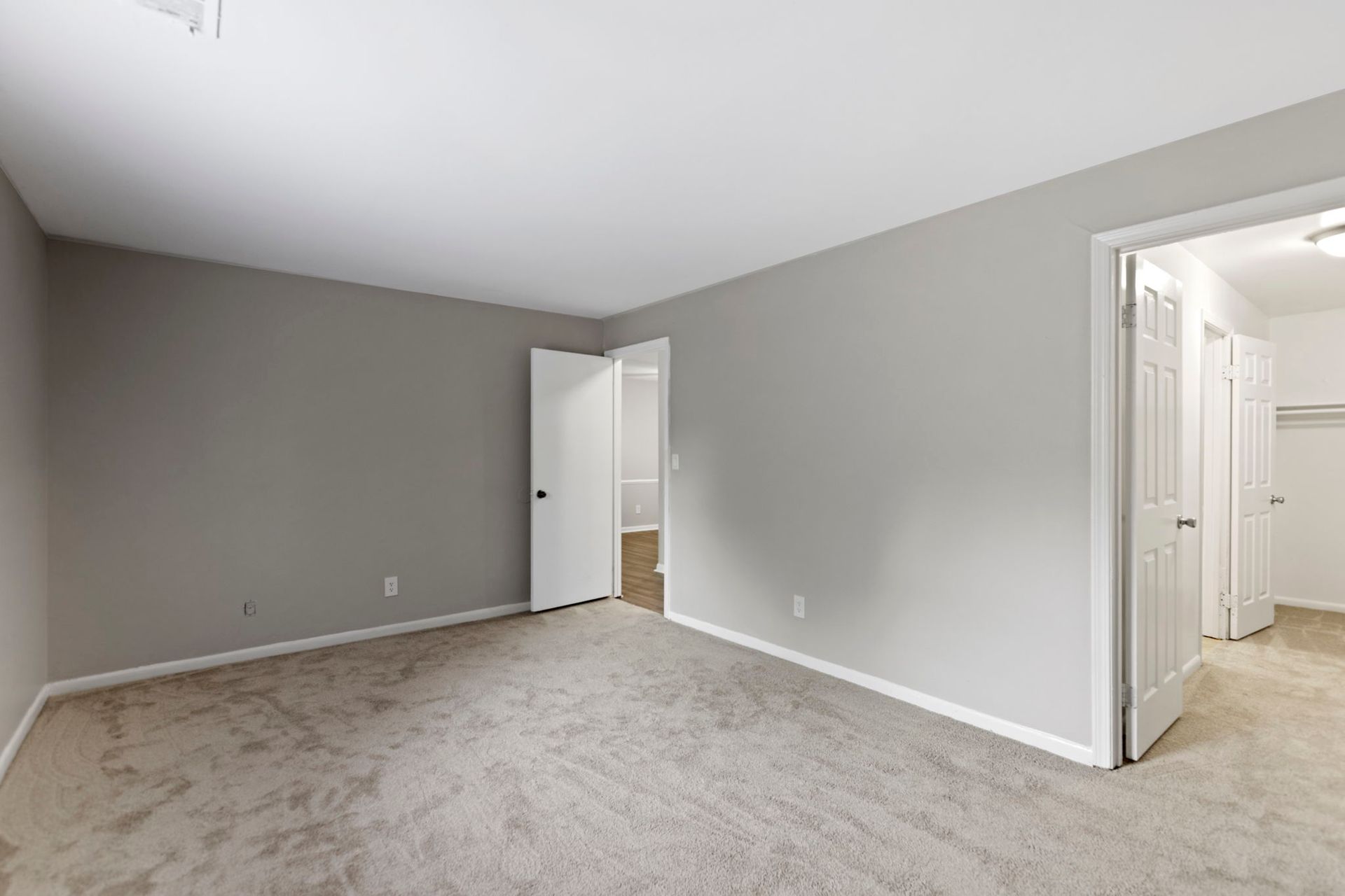 Empty bedroom with gray walls, carpet, and open doorways.