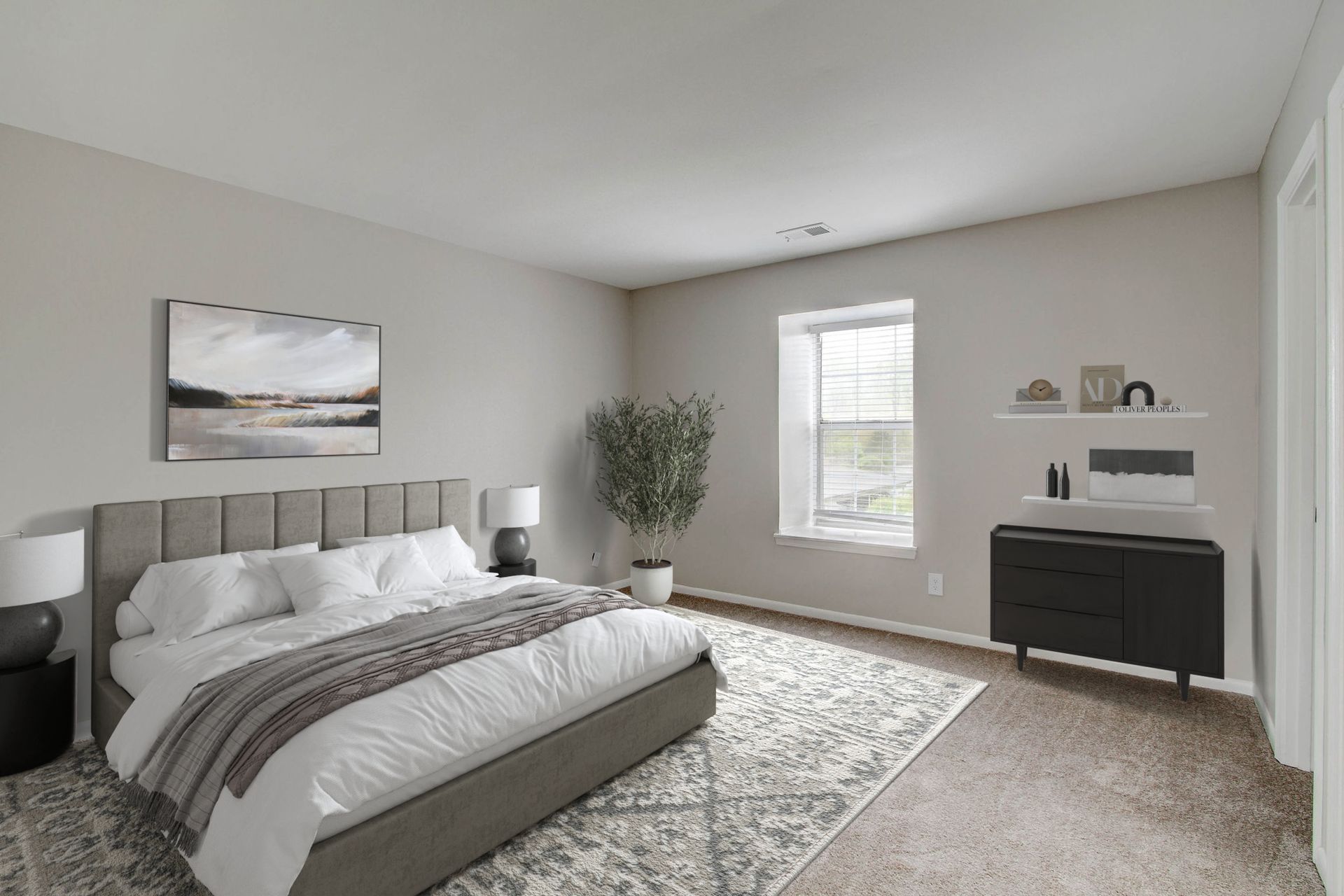 Bedroom with a bed, dresser, and a window with neutral walls and a rug.