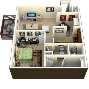 Floor plan rendering of an apartment with living room, bedroom, kitchen, and balcony.
