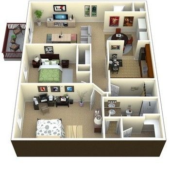 Floor plan of an apartment, showing living room, dining area, bedrooms, bathrooms, and balcony, furnished.
