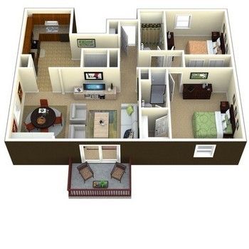 Floor plan of a two-bedroom apartment with a kitchen, living room, balcony, and bathrooms.