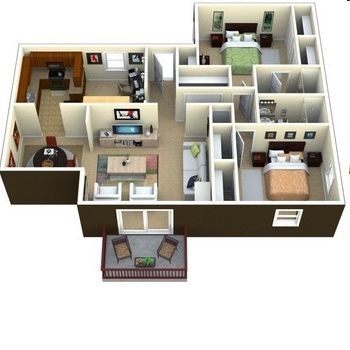 3D floor plan of a two-bedroom apartment with kitchen, living room, and balcony.