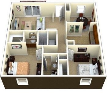 Floor plan of a two-bedroom apartment; brown exterior, furnished interior with living spaces and bedrooms.