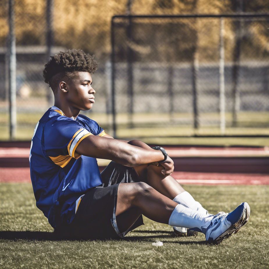 A young man is sitting on the grass on a soccer field.