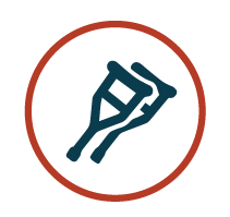 A pair of crutches in a red circle on a white background.