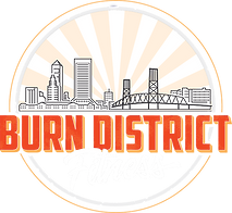 A logo for burn district with a city skyline and a bridge.