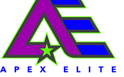 The apex elite logo is purple and blue with a green star.