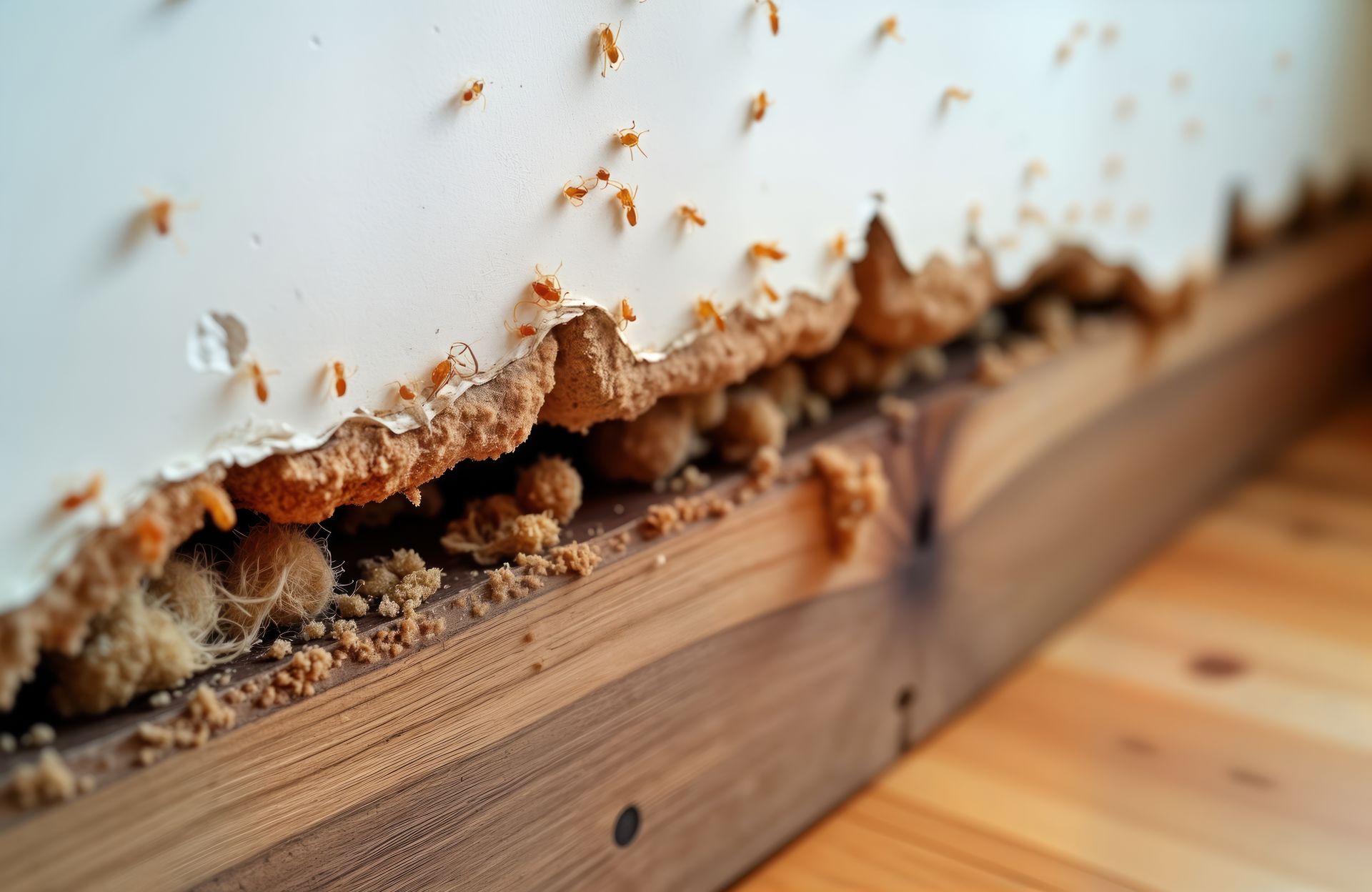 Close-up of termite damage on wooden wall framing inside a home.