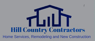 Logo for Hill Country Contractors, blue roofline and pillars with the text "Hill Country Contractors".