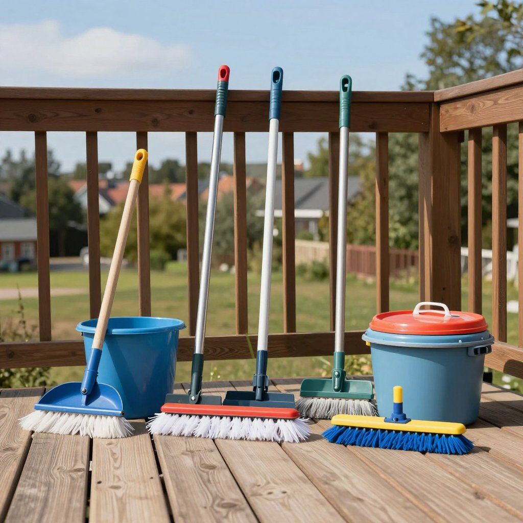 Cleaning supplies on a wooden deck: brooms, brushes, buckets in blue, yellow, and green.