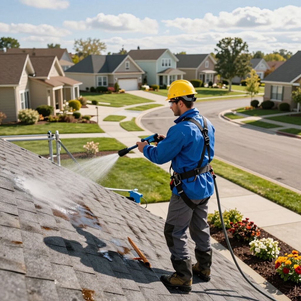 Man in safety gear pressure washing a roof in a residential neighborhood.
