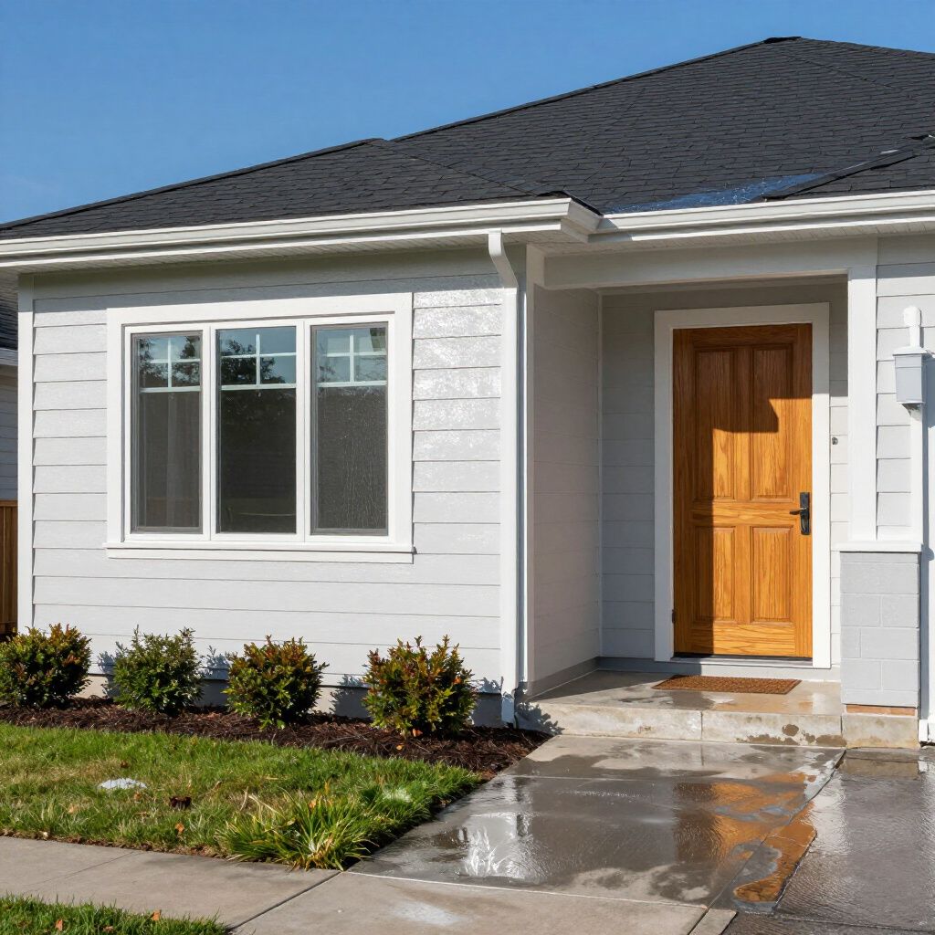 Light blue house with a wooden door and three-pane window; sunny day.