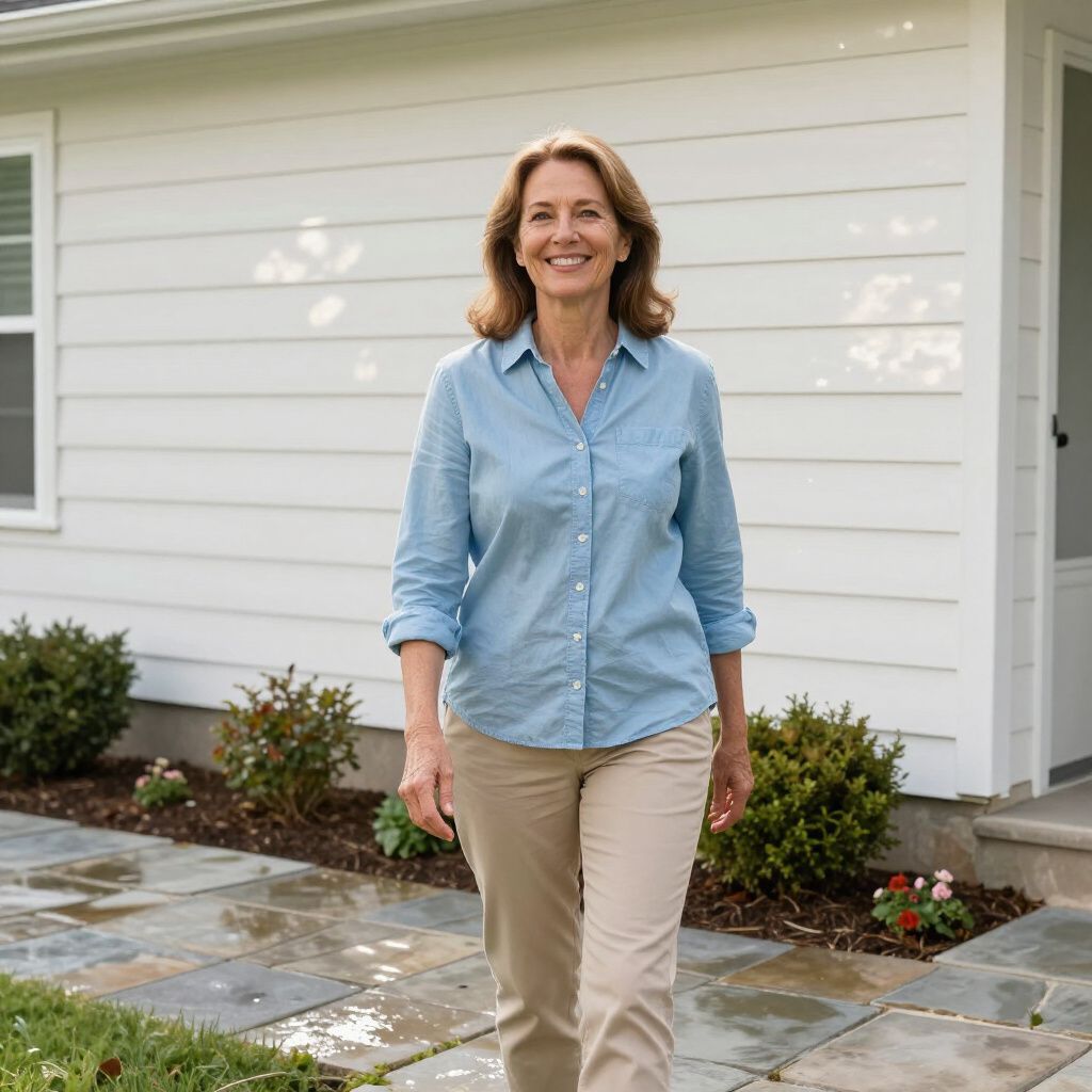 Woman in blue shirt and khakis smiling, walking towards camera outside a white house.