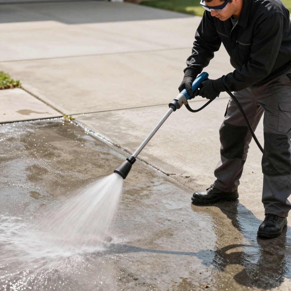 Man power washing a concrete driveway with a pressure washer.