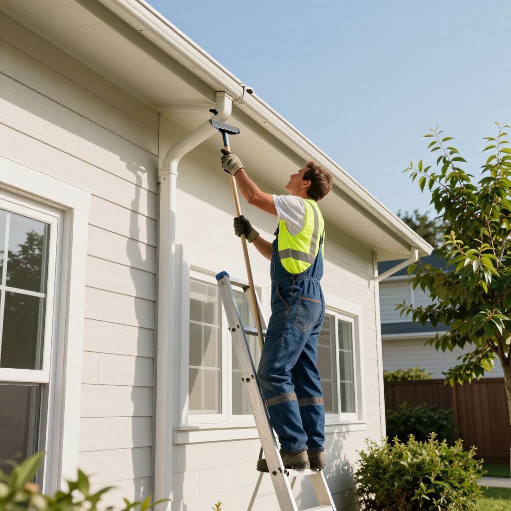 Person on ladder cleaning a house gutter with a long-handled tool.
