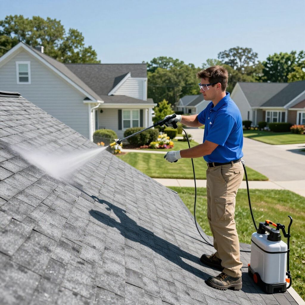 Person pressure washing a shingled roof with a water sprayer on a sunny day.