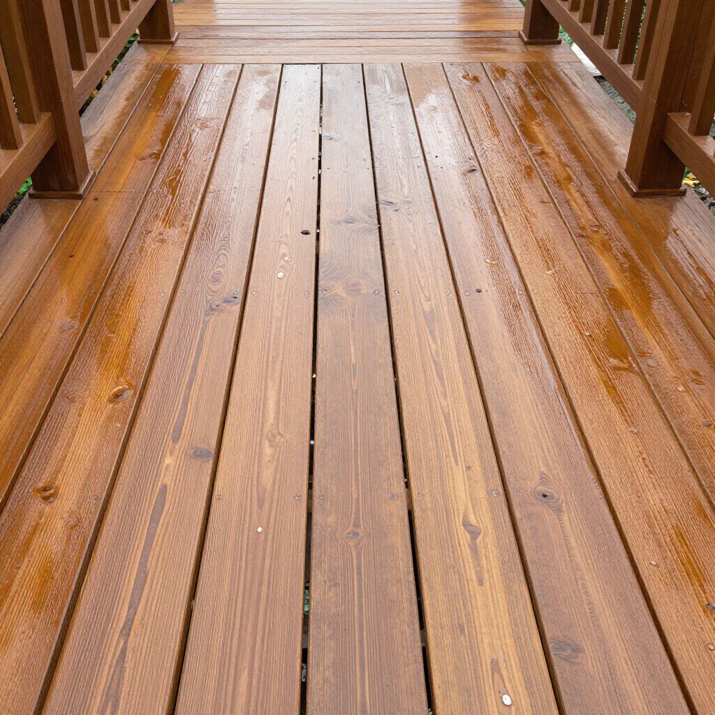 Wooden deck planks, wet with water, leading to a railing.