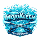 Logo for MojoKleen pressure washing. Features water splashes, crossed pressure washers, and the company name.