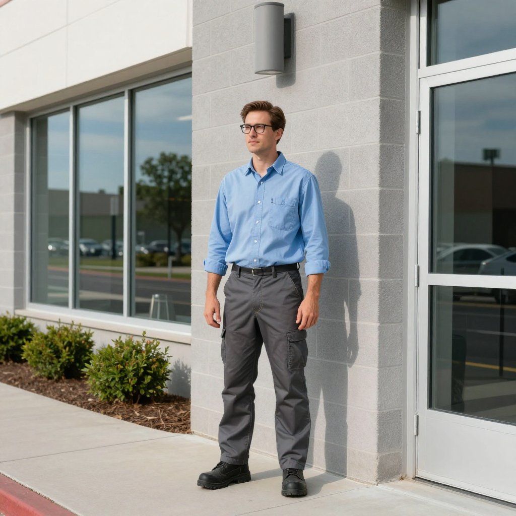 Man in blue shirt and gray pants stands outside a building.