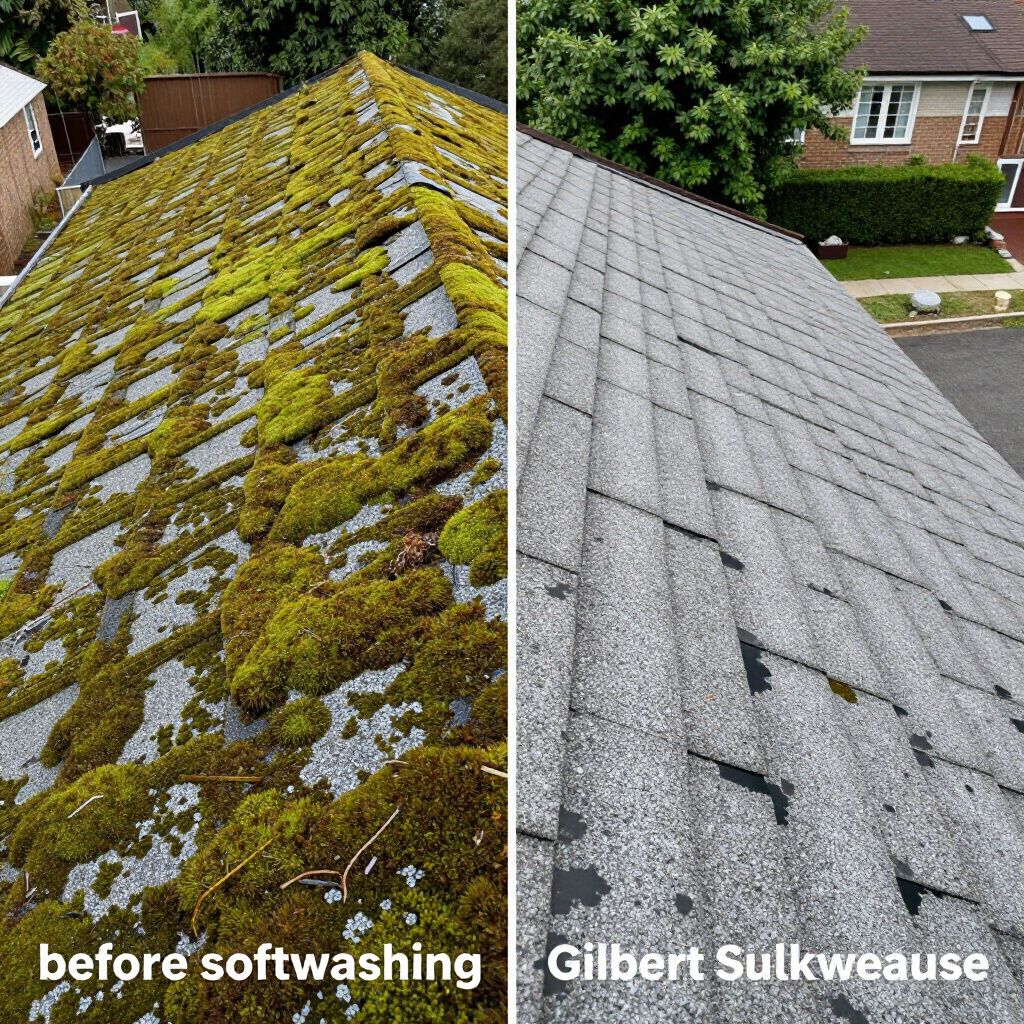 Before and after comparison of a roof covered in moss, then cleaned, showing gray asphalt shingles.