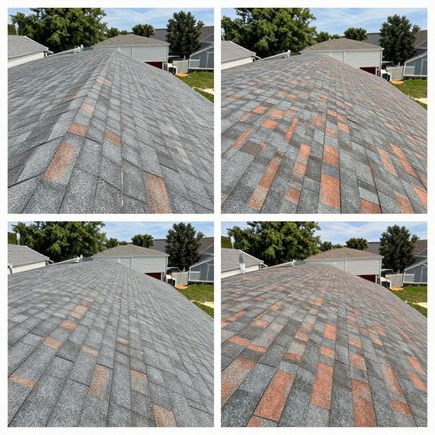 Before & After cleaning. Aerial views of a roof with gray and reddish shingles, under a blue sky.