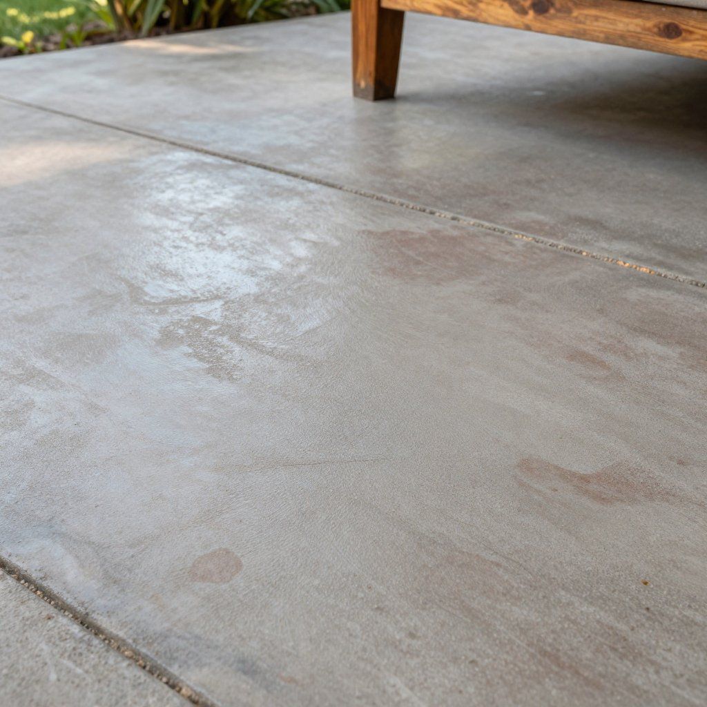 Concrete patio with light brown stains, partially under a wooden furniture leg.