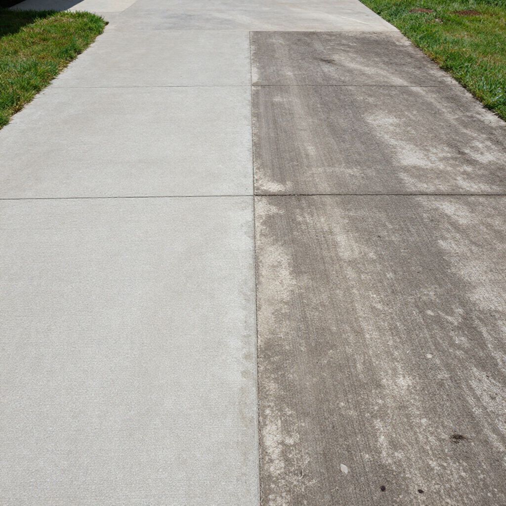 Concrete sidewalk, half cleaned, showing dramatic contrast between dirty and clean surfaces.