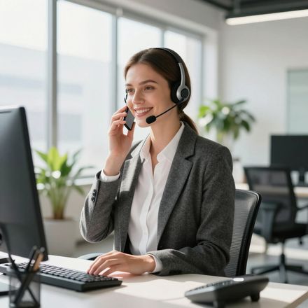 Woman in a suit jacket at a desk, wearing a headset, smiling while on the phone in an office setting.