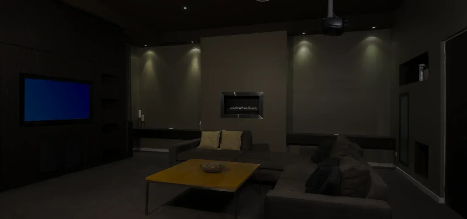 Modern living room with fireplace, TV, and contemporary furniture. Dark walls with recessed lighting.
